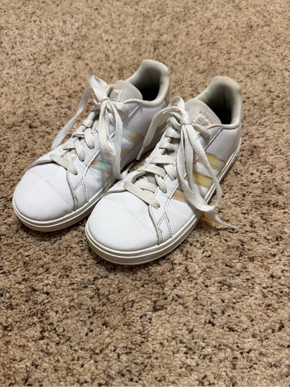 adidas Kids White Sneakers with Iridescent Stripe Accents